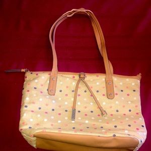 Spring Rossetti color polka dot shoulder bag w tan faux leather detailing.